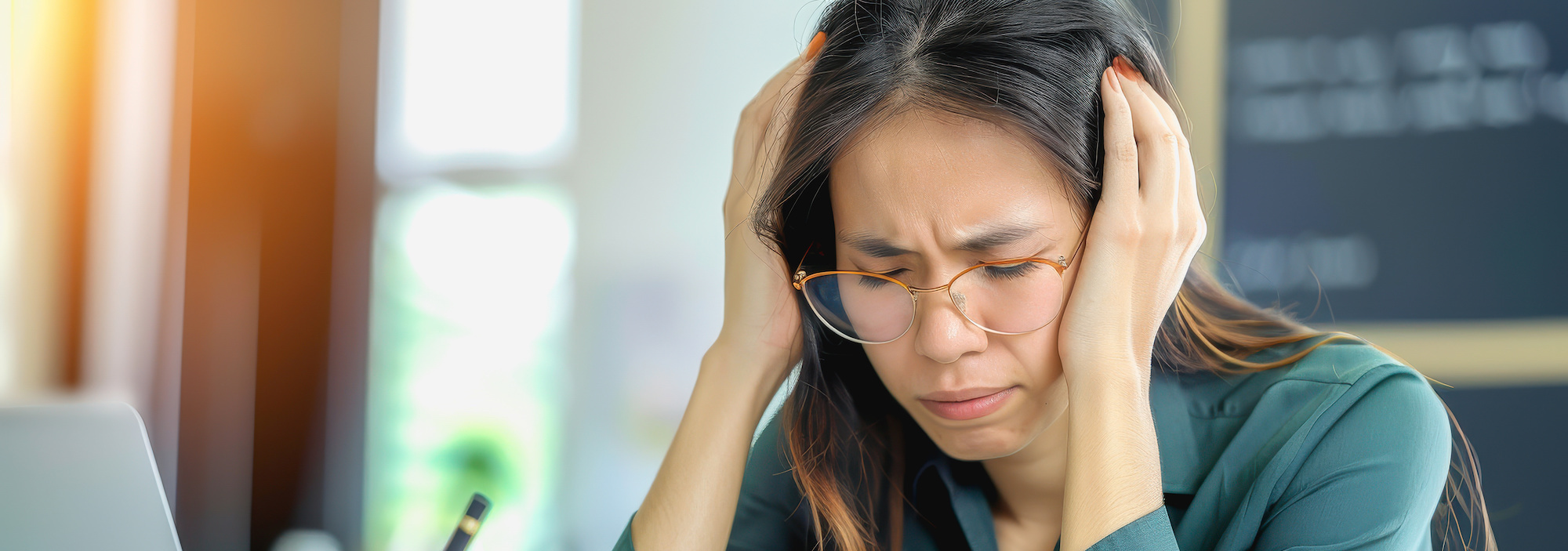 Stressed businesswoman in office with head in hand, conveying frustration and fatigue.