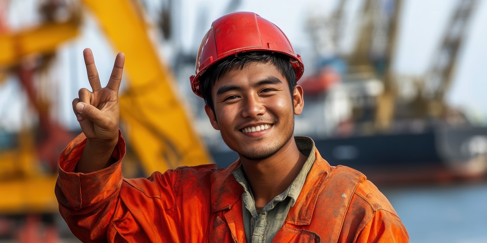 Cheerful male worker in orange uniform and hard hat giving peace sign at construction site.