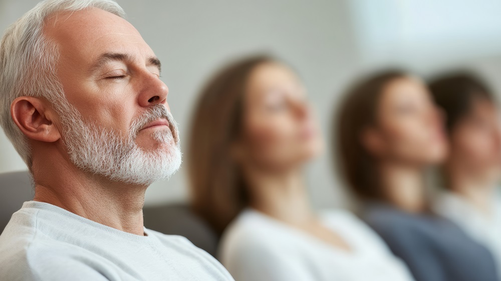 Senior man meditating with eyes closed in group therapy session