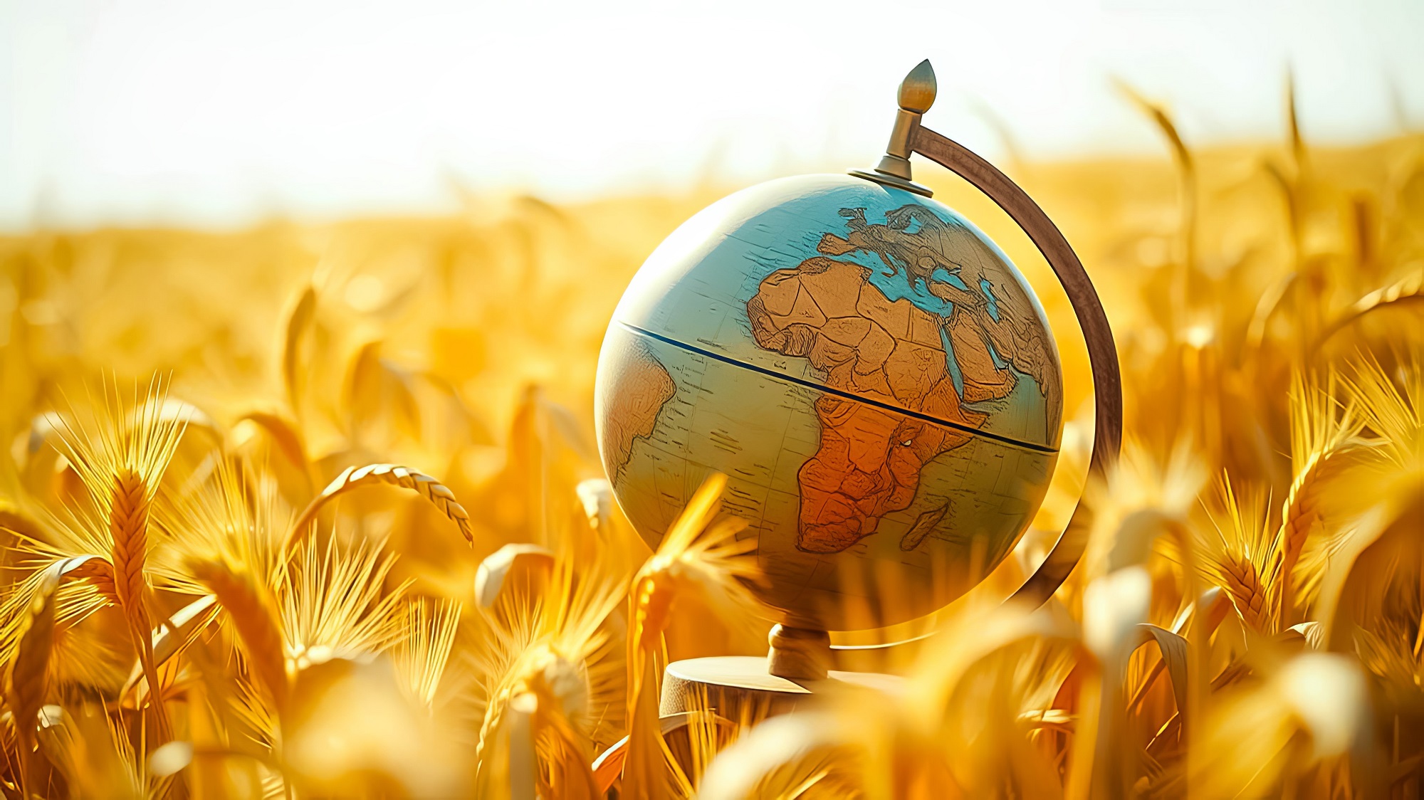 Global Harvest A terrestrial globe rests amidst a sunlit field of golden wheat, symbolizing the world's agricultural bounty.
