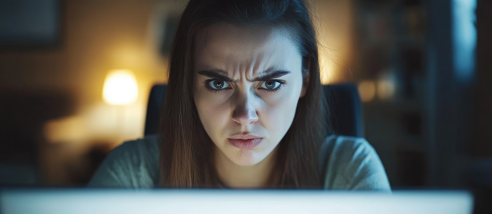 Young woman expressing confusion and frustration over computer errors at night with ample space for text conveying stress and irritation
