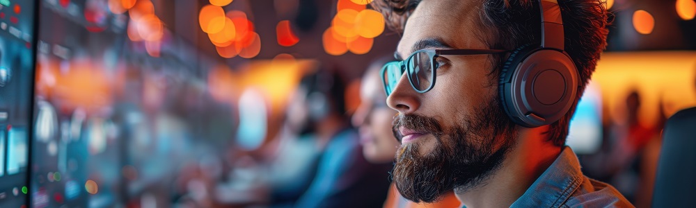 Man wearing headphones and glasses in front of a computer, banner, copy space