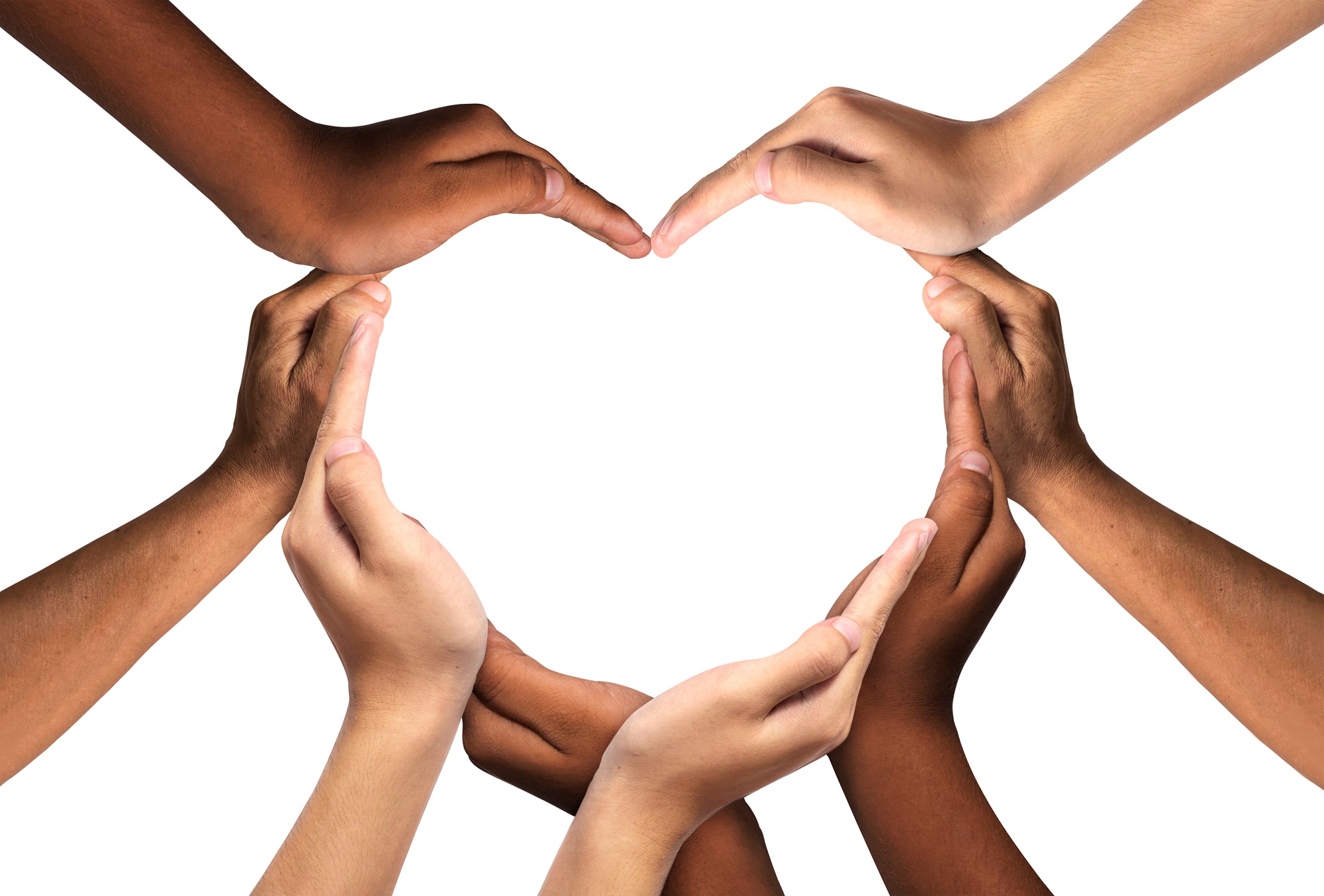 Unity and diversity are at the heart of a diverse group of people connected together as a supportive symbol that represents a sense of teamwork and togetherness. Symbol and shape created from hands.