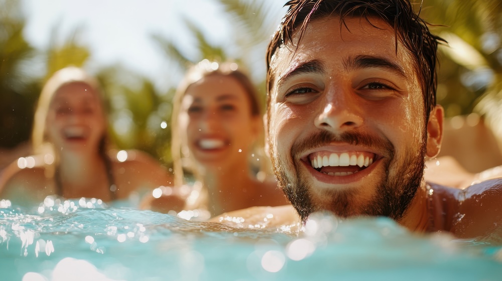 Three friends delight in a joyful and carefree moment, sharing laughter and happiness together while relaxing in a clear and inviting swimming pool under sunny skies.
