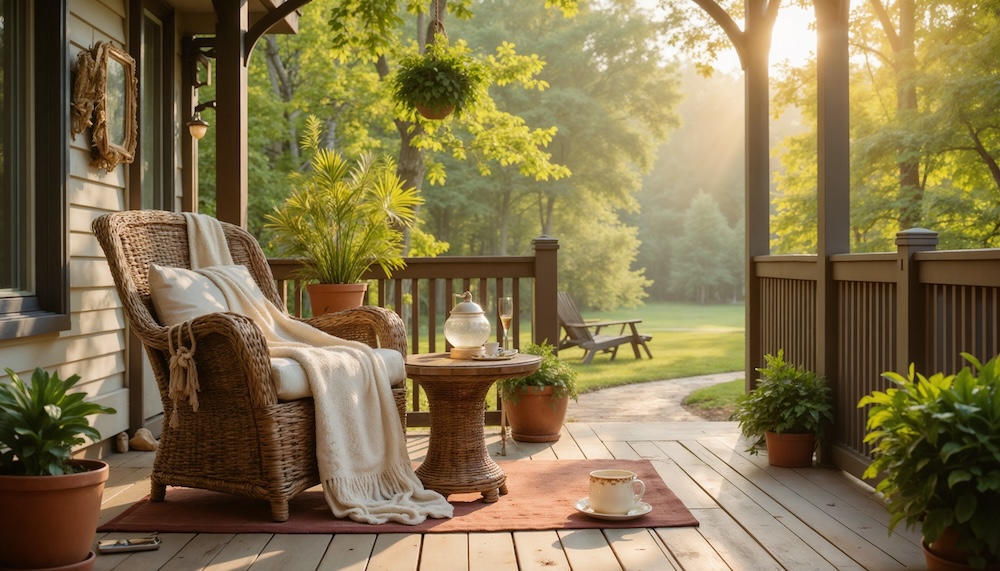 Lightheartedness on a cozy porch surrounded by nature