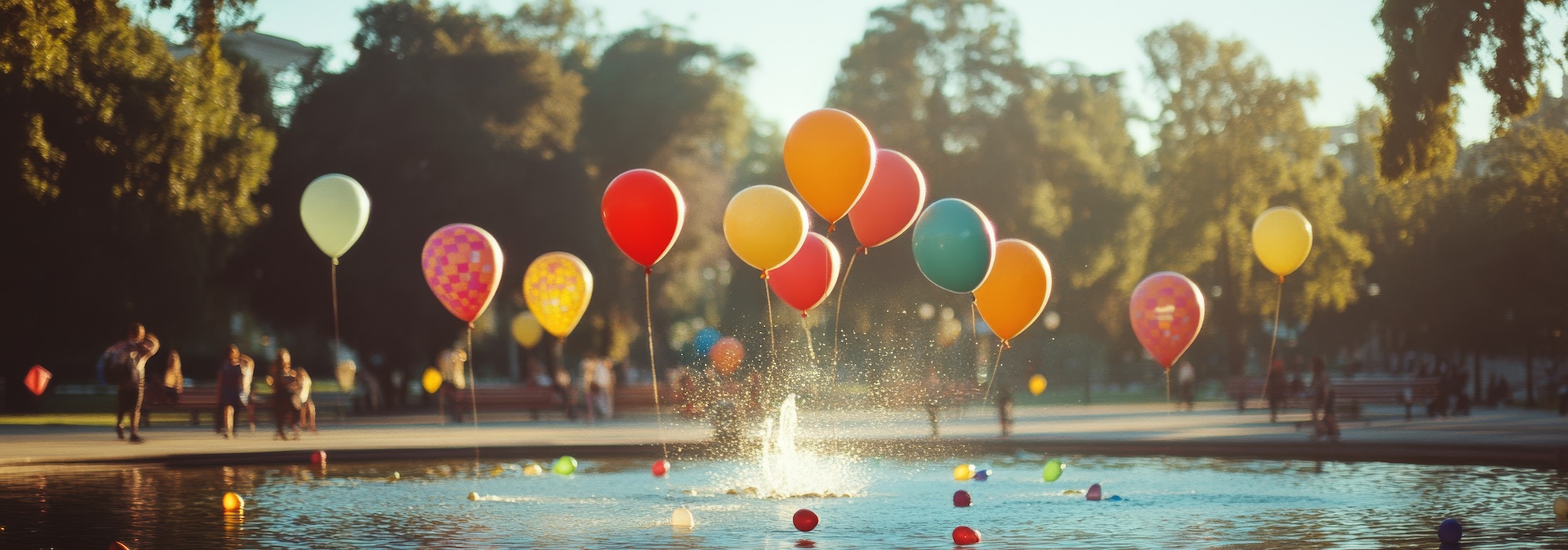 Floating balloons dance over a fountain in a sunlit park, capturing a moment of joy and lightheartedness.
