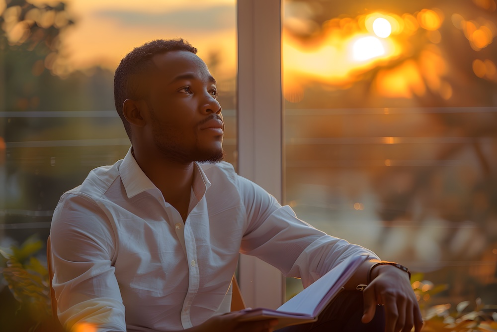 Golden Hour Contemplation: A young black man finds solace in a good book, his gaze lost in the warm embrace of the setting sun.