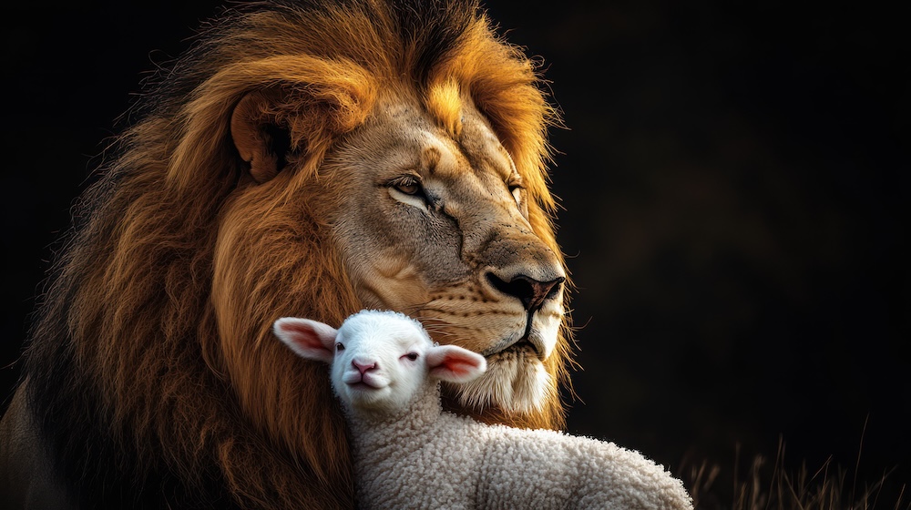 majestic lion with protective embrace safeguarding a vulnerable gentle lamb in tranquil serenity