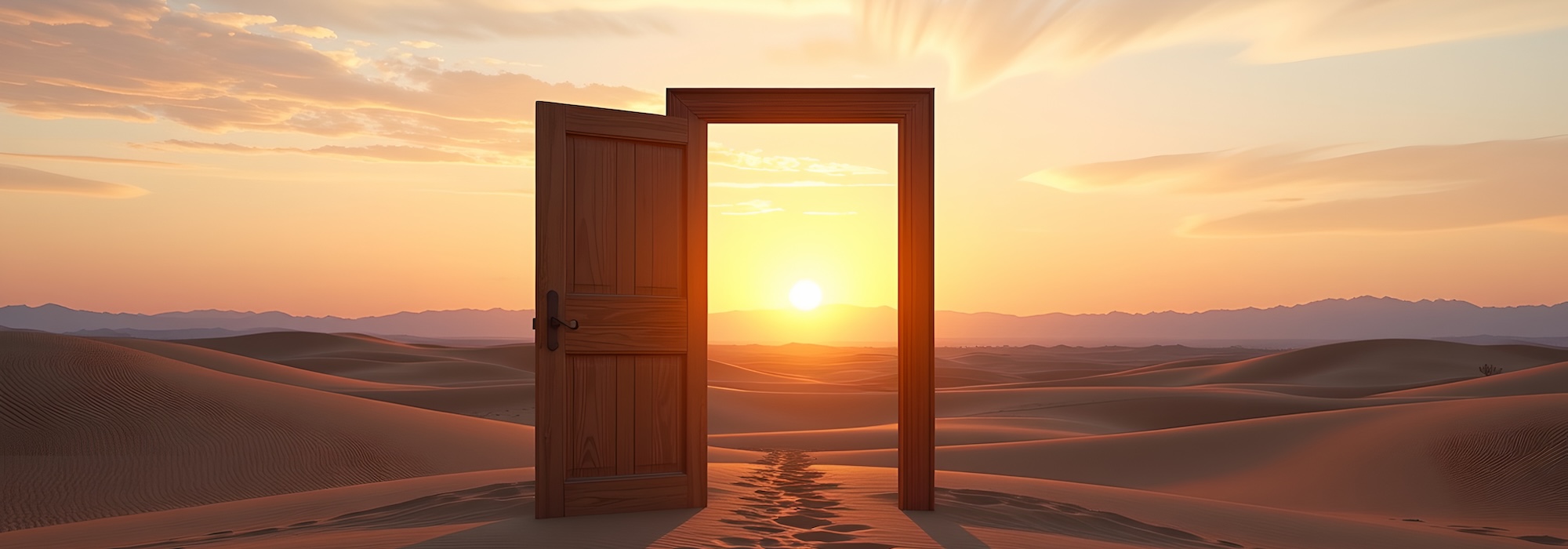 A solitary open door in the desert, bathed in the warm glow of sunset. The image evokes a sense of journey, opportunity, and the unknown
