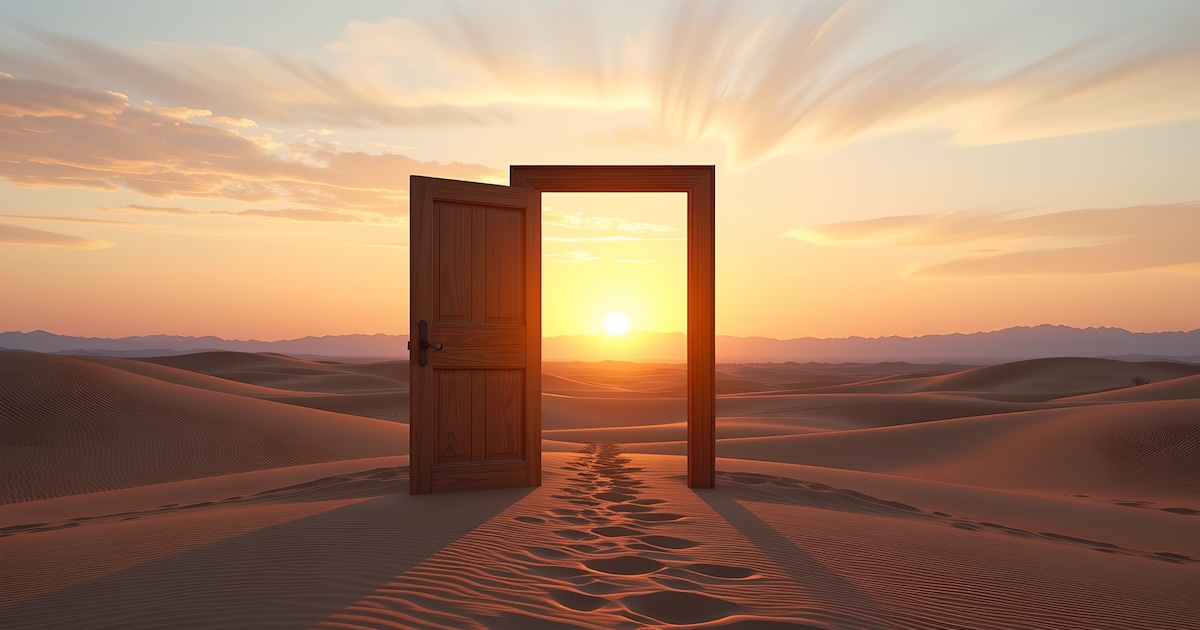 A solitary open door in the desert, bathed in the warm glow of sunset. The image evokes a sense of journey, opportunity, and the unknown