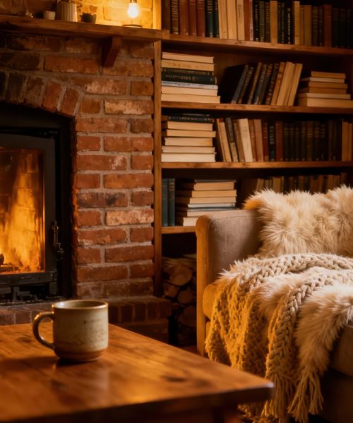 Image of a cozy living room scene, featuring a warm fireplace with a crackling fire, a comfortable couch draped with a knitted blanket and a faux fur throw, bookshelves filled with books, a wooden coffee table with a coffee mug on it, and plants. The soft light and warm colors create a relaxed and inviting atmosphere.
