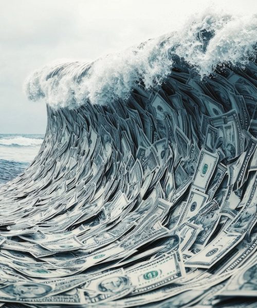 Stormy Waves of Debt: A vast ocean of liquid money flowing violently, with massive waves crashing onto crumbling financial structures like banks and markets