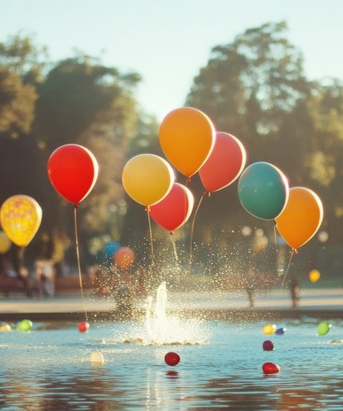 Floating balloons dance over a fountain in a sunlit park, capturing a moment of joy and lightheartedness.