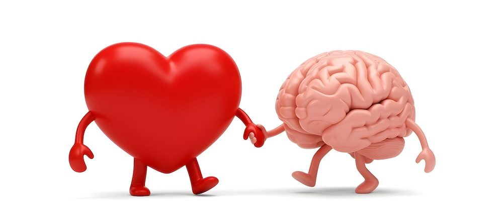 3D illustration of a brain and heart walking together, symbolizing unity and cooperation between thoughts and emotions, ideal for themes on wellbeing, self-awareness and mental resilience.