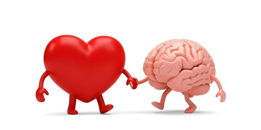 3D illustration of a brain and heart walking together, symbolizing unity and cooperation between thoughts and emotions, ideal for themes on wellbeing, self-awareness and mental resilience.
