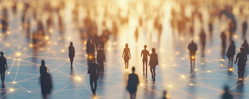 Silhouettes of people walking on a network glowing lines background sunlit scene