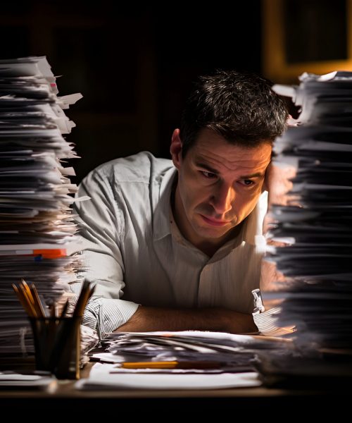 a man hard working with a lot of paper on work table