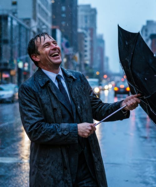 Laughing businessman struggles with broken inside-out umbrella in rainy city street