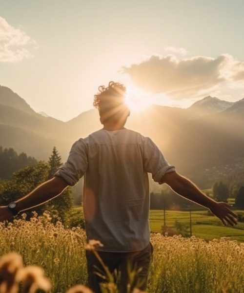 rear view carefree freedom successful male standing confident looking at the end of skyline in the grass field meadow landscape summertime sunset moment nature background,ai generate