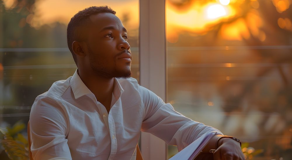 Golden Hour Contemplation: A young black man finds solace in a good book, his gaze lost in the warm embrace of the setting sun.