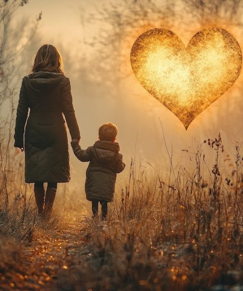 A mother and her young child walk hand in hand towards a large glowing heart shaped light in a tranquil autumnal landscape.