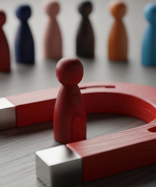 A red horseshoe magnet draws a single red wooden pawn, separated from colorful figures