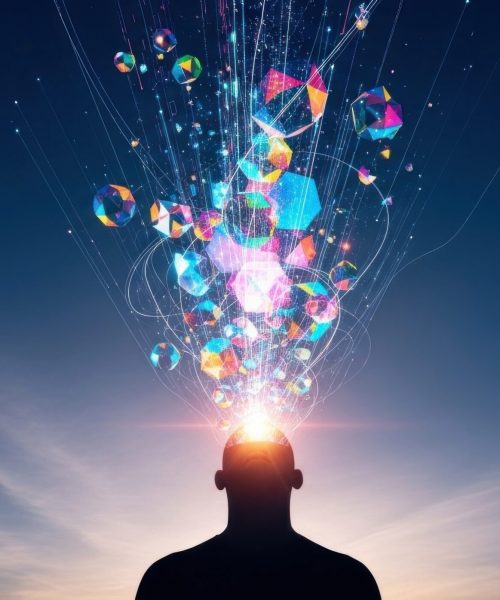 Silhouette of a person with colorful geometric shapes exploding from their head, symbolizing creativity, imagination, and innovative thinking.