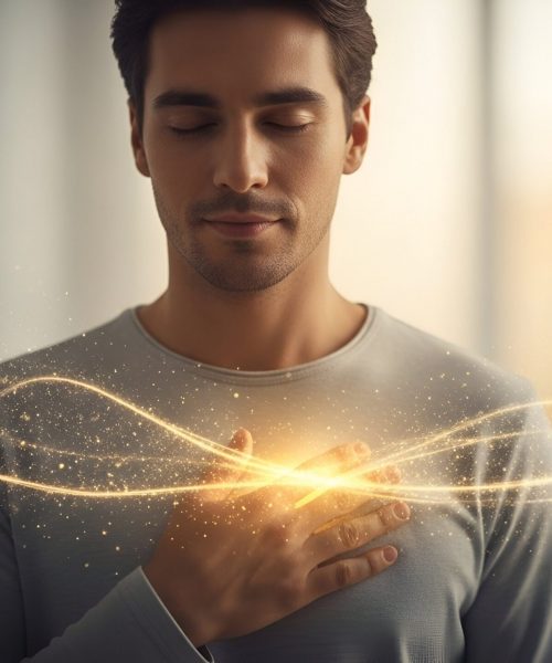 A man in a light gray shirt with eyes closed, meditating, with glowing golden energy