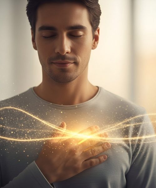 A man in a light gray shirt with eyes closed, meditating, with glowing golden energy