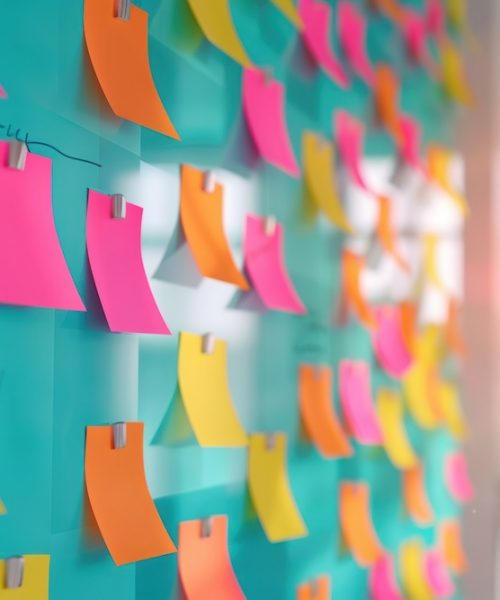 27060103 114 A collage of colorful sticky notes and sketches on a wall, showcasing the process of crowdsourcing and co-creation in a creative marketing campaign. --ar 16:9 --personalize m7vul7m --stylize 250 Job ID: 9bf98c6e-675d-4cb2-9dfe-c5e38751aa51