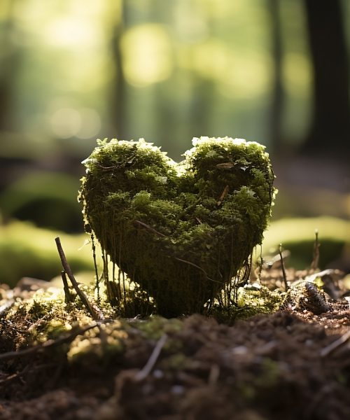 Forest dig cemetery, depicting a natural burial scene in a serene woodland setting. The photo is taken from a close-up perspective, focusing on a wooden heart placed delicately on a bed of moss.