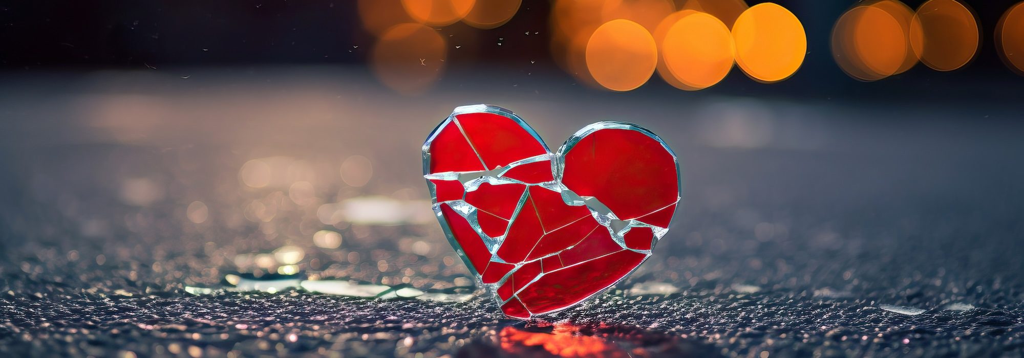 a broken red heart on the asphalt, a glass heart broken into small pieces, bokeh background