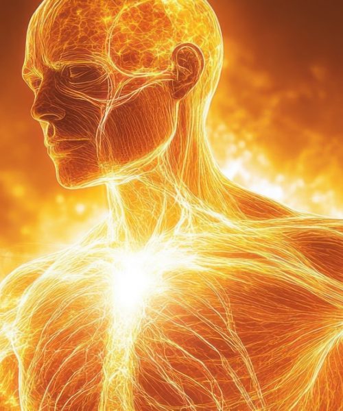 This medical illustration depicts a vibrant, radiant energy enveloping nerves, symbolizing healing and revitalization The artwork captures the concept of spiritual energy and wellness, showcasing the power of the mind-body connection in promoting recovery and overall health AI Generative