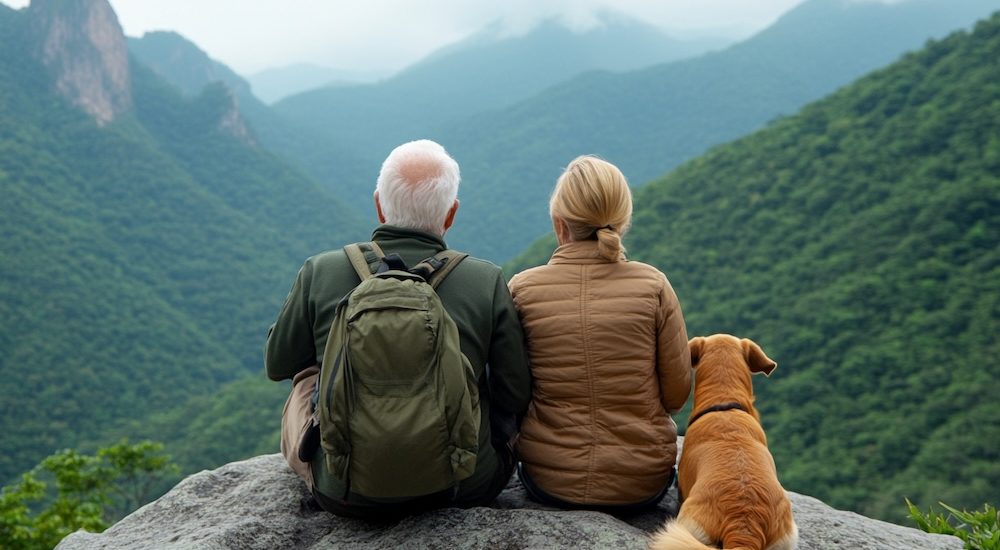 Couple enjoys nature with dog on a mountain viewpoint