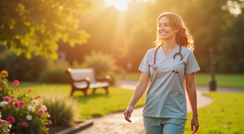 Joyful nurse walking in garden at sunset, celebration of care