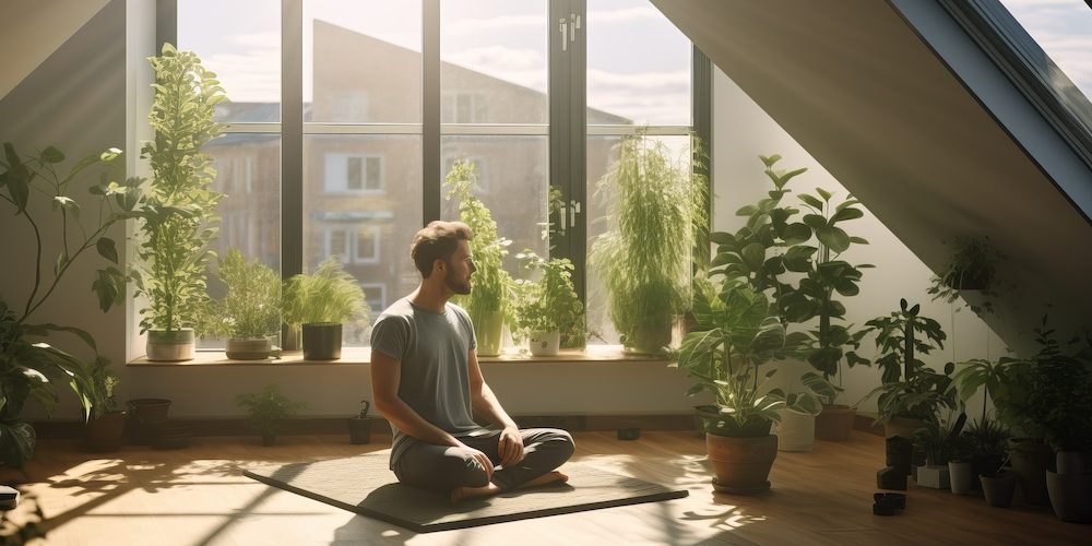 A young man in a training top t-shirt and joggers sitting in yoga asana lotus pose meditating in a sunlit room with green plants