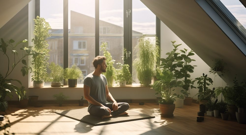 A young man in a training top t-shirt and joggers sitting in yoga asana lotus pose meditating in a sunlit room with green plants